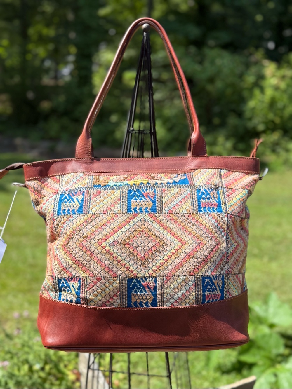 Patterned Multicolor Tote with Brown Leather Trim